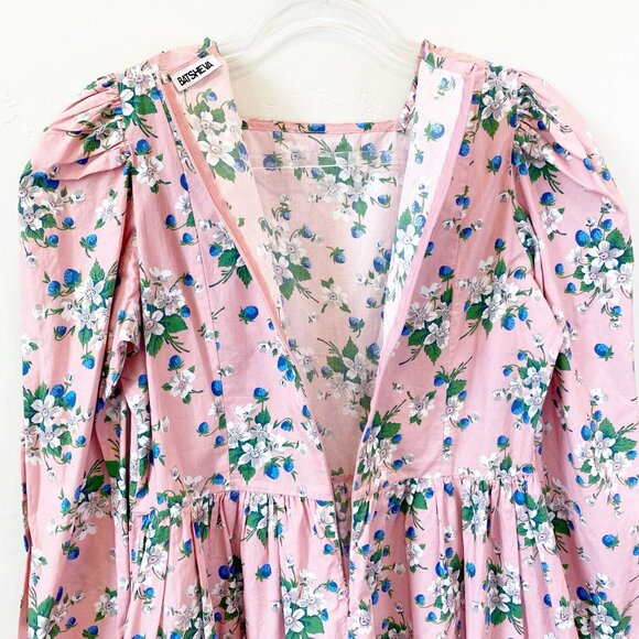 Batsheva Collarless Mini Prairie Dress Pink Lily 10 medium floral berries - Picture 10 of 14